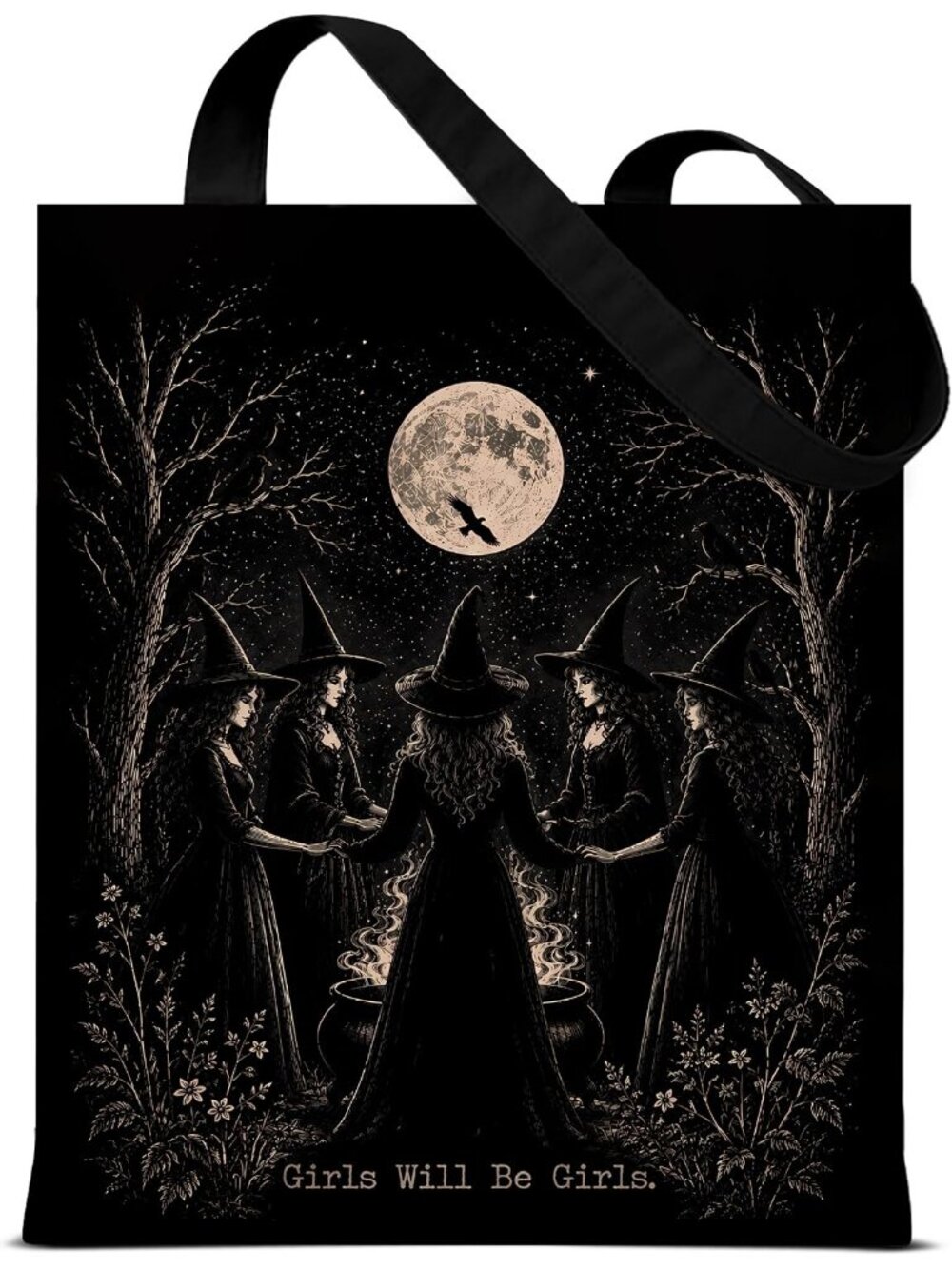 Women's Black Spooky Ghost Halloween Canvas Gothic Reusable Shoulder Bag